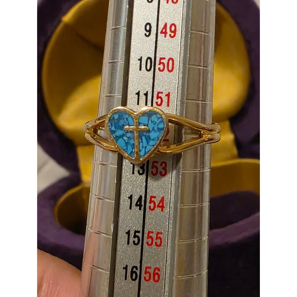 Vintage Style‎ Gold Tone Adjustable Ring Turquoise Heart Cross Faith Jewelry